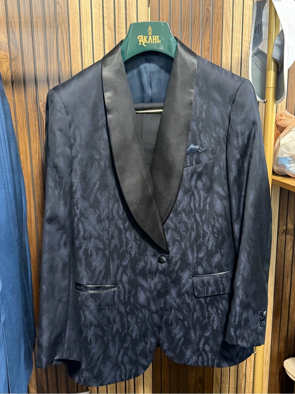 Men's Navy Patterned Shawl Collar Blazer